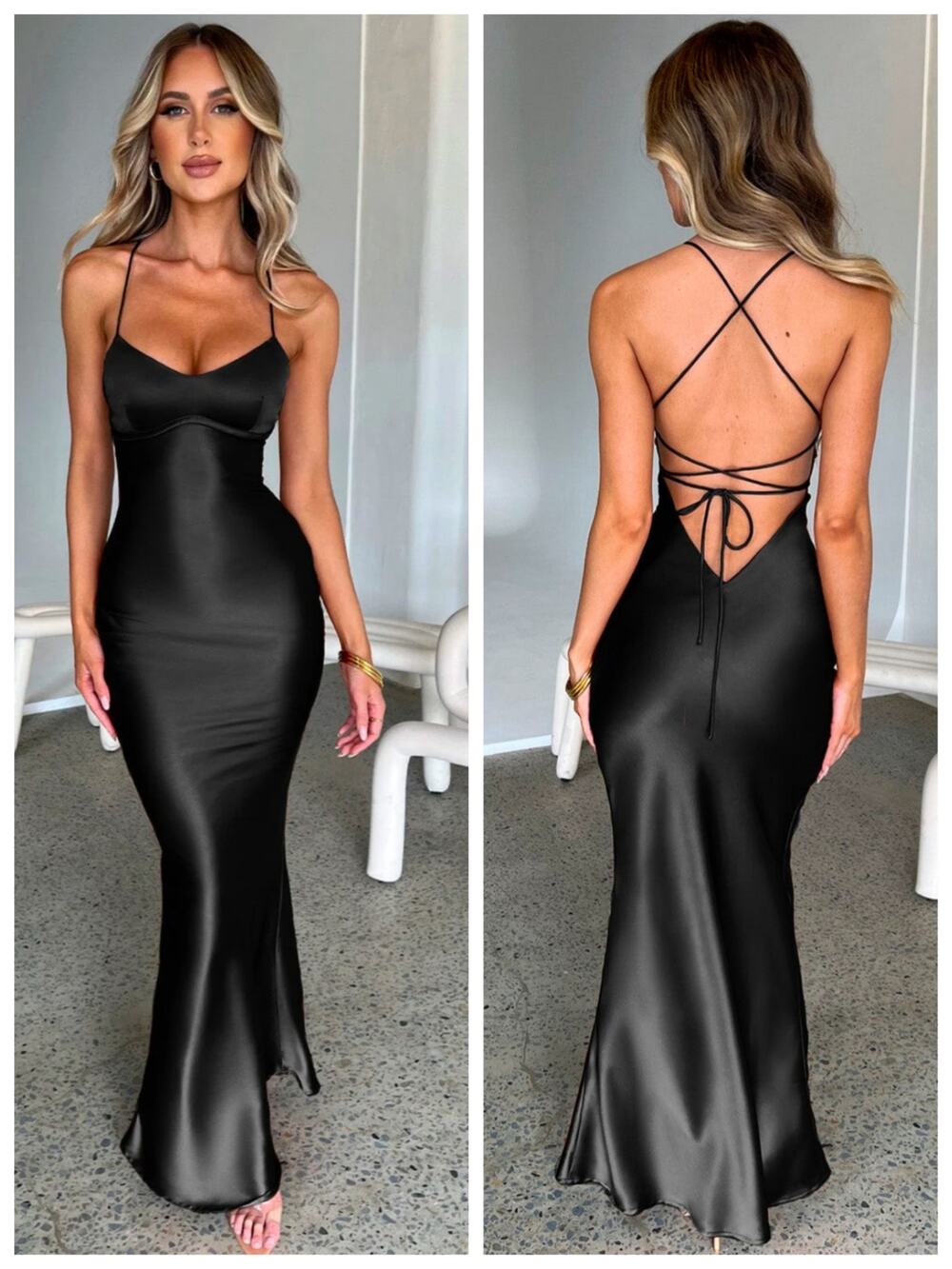 Babyboo Malika Black Cowl Neck Lace Up Back Maxi Dress L NWT